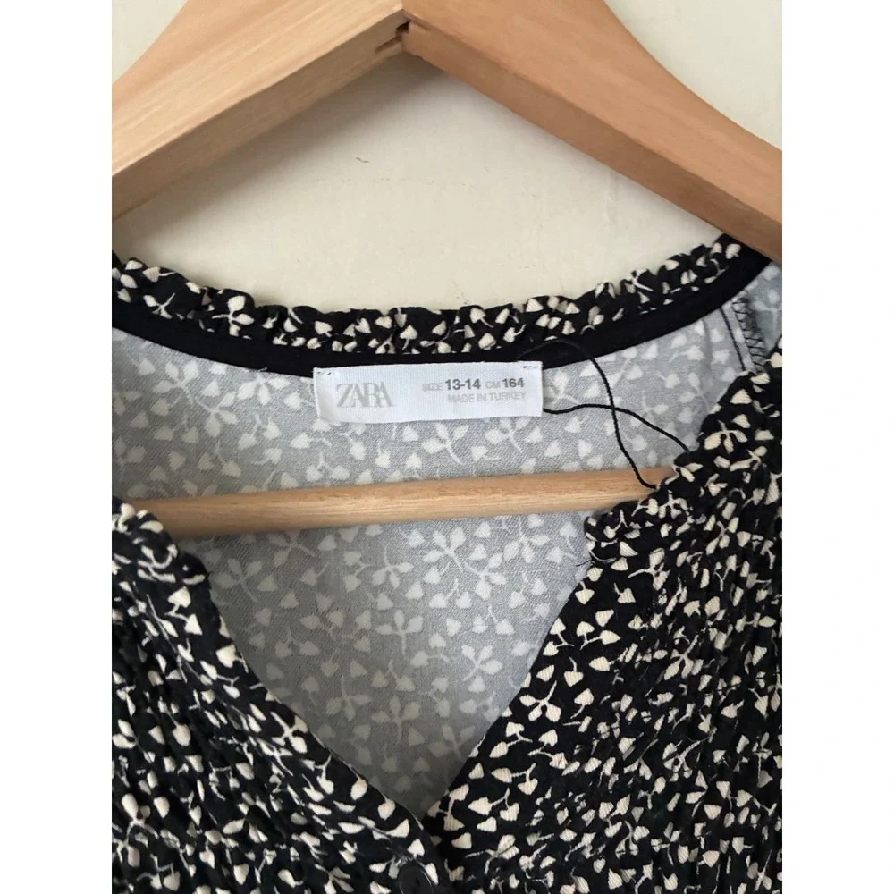 Zara Kids Girls Black White Floral Smocked Long Sleeve Dress Size 13-14‎ 164cm